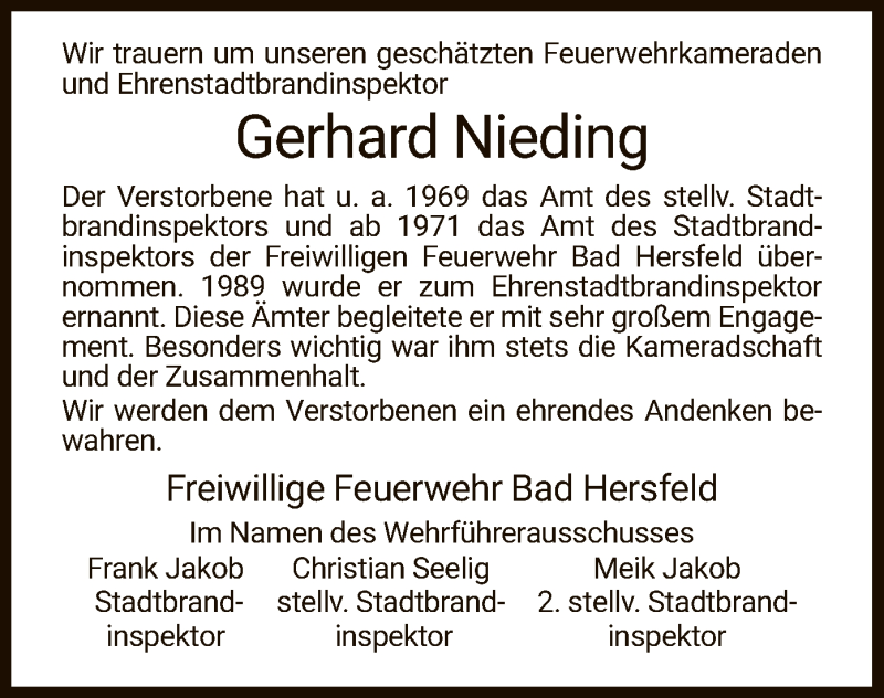  Traueranzeige für Gerhard Nieding vom 08.06.2019 aus Hersfeld