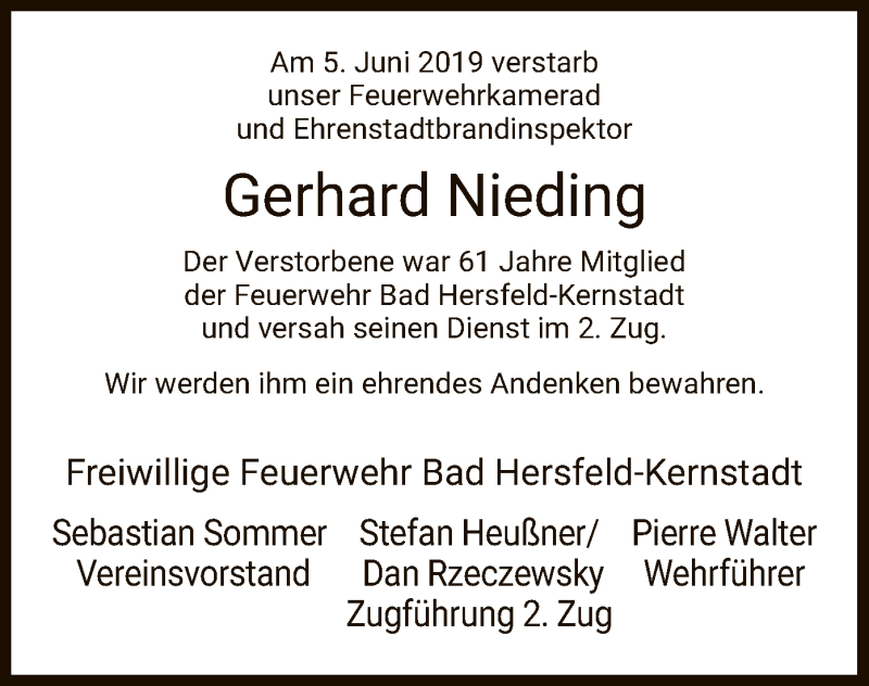  Traueranzeige für Gerhard Nieding vom 08.06.2019 aus Hersfeld