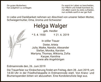 Traueranzeige von Helga Walger von Hersfeld