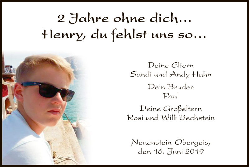  Traueranzeige für Henry Hahn vom 15.06.2019 aus Hersfeld