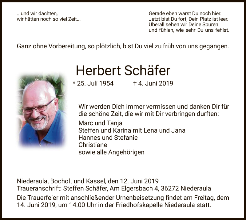  Traueranzeige für Herbert Schäfer vom 12.06.2019 aus Hersfeld