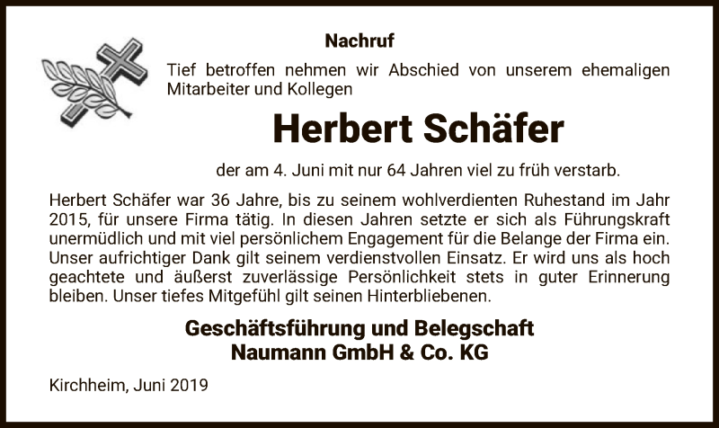  Traueranzeige für Herbert Schäfer vom 13.06.2019 aus Hersfeld