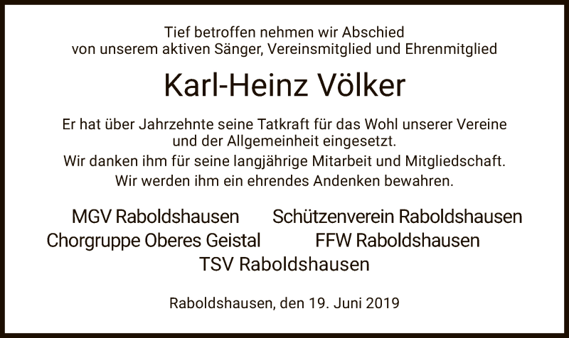  Traueranzeige für Karl-Heinz Völker vom 19.06.2019 aus Hersfeld