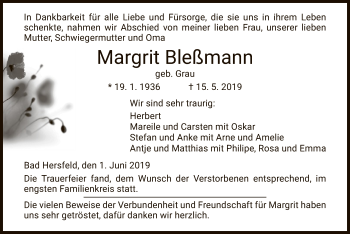 Traueranzeige von Margit Bleßmann von Hersfeld