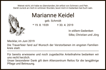 Traueranzeige von Marianne Keidel von Hersfeld