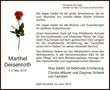 Traueranzeige von Marthel Deisenroth von Hersfeld