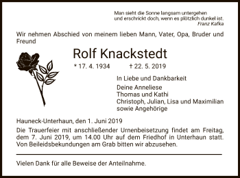 Traueranzeige von Rolf Knackstedt von Hersfeld