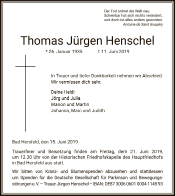 Traueranzeige von Thomas Jürgen Henschel von Hersfeld
