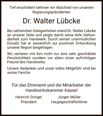 Traueranzeige von Walter Lübcke von Hersfeld