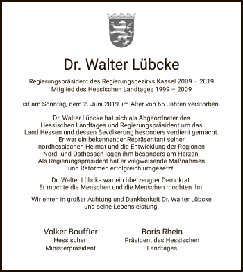 Traueranzeige von Walter Lübcke von Hersfeld