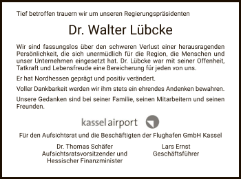 Traueranzeige von Walter Lübcke von Hersfeld