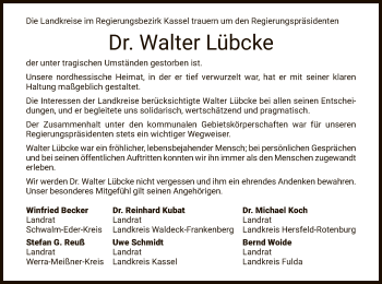 Traueranzeige von Walter Lübcke von Hersfeld