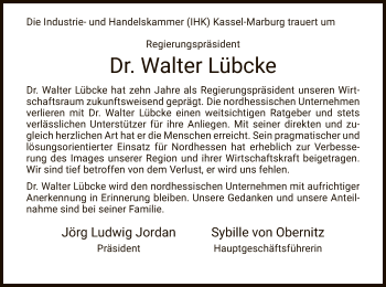 Traueranzeige von Walter Lübcke von Hersfeld