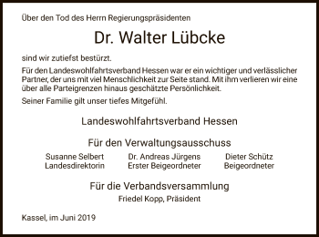 Traueranzeige von Walter Lübcke von Hersfeld