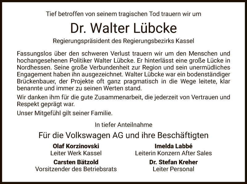  Traueranzeige für Walter Lübcke vom 08.06.2019 aus Hersfeld