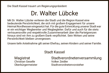 Traueranzeige von Walter Lübcke von Hersfeld