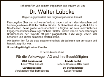 Traueranzeige von Walter Lübcke von Hersfeld