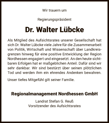 Traueranzeige von Walter Lübcke von Hersfeld