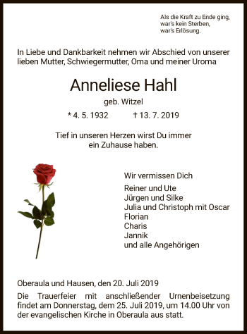 Traueranzeige von Anneliese Hahl von Hersfeld