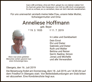 Traueranzeige von Anneliese Hoffmann von Hersfeld