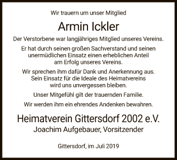 Traueranzeige von Armin Ickler von Hersfeld