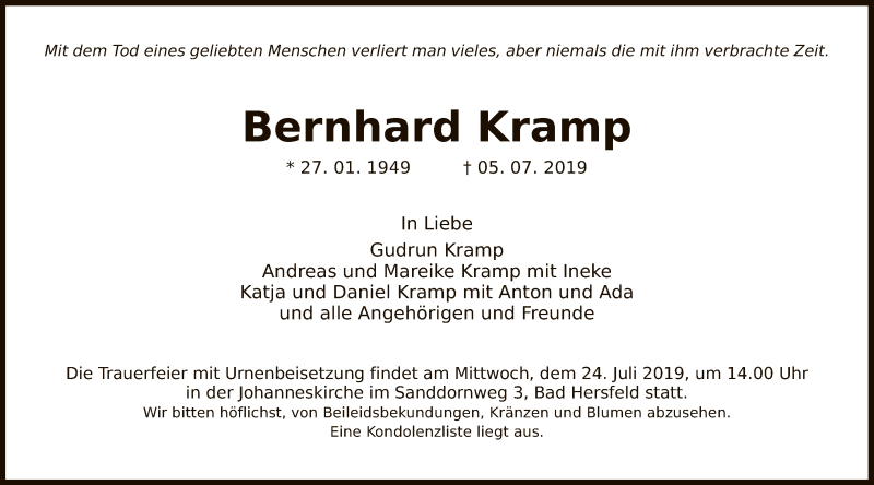  Traueranzeige für Bernhard Kramp vom 13.07.2019 aus Hersfeld