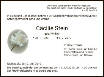 Traueranzeige von Cäcilie Stein von Hersfeld