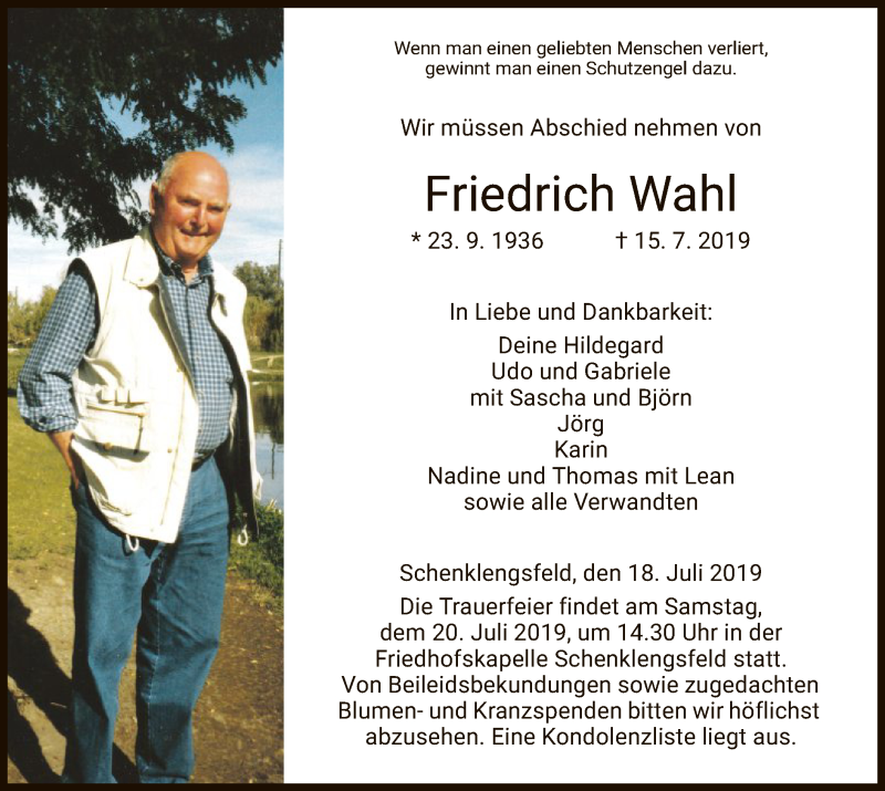  Traueranzeige für Friedrich Wahl vom 18.07.2019 aus Hersfeld