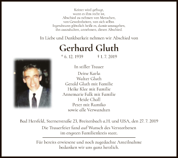 Traueranzeige von Gerhard Gluth von Hersfeld