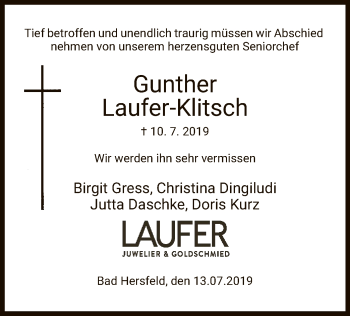 Traueranzeige von Gunther Laufer-Klitsch von Hersfeld
