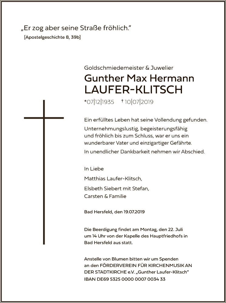  Traueranzeige für Gunther Max Hermann Laufer-Klitsch vom 19.07.2019 aus Hersfeld