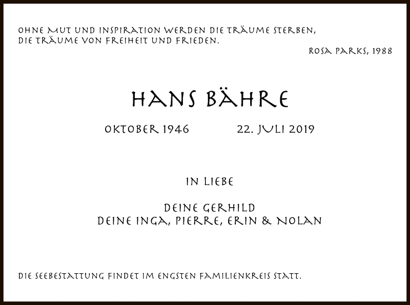  Traueranzeige für Hans Bähre vom 27.07.2019 aus Hersfeld