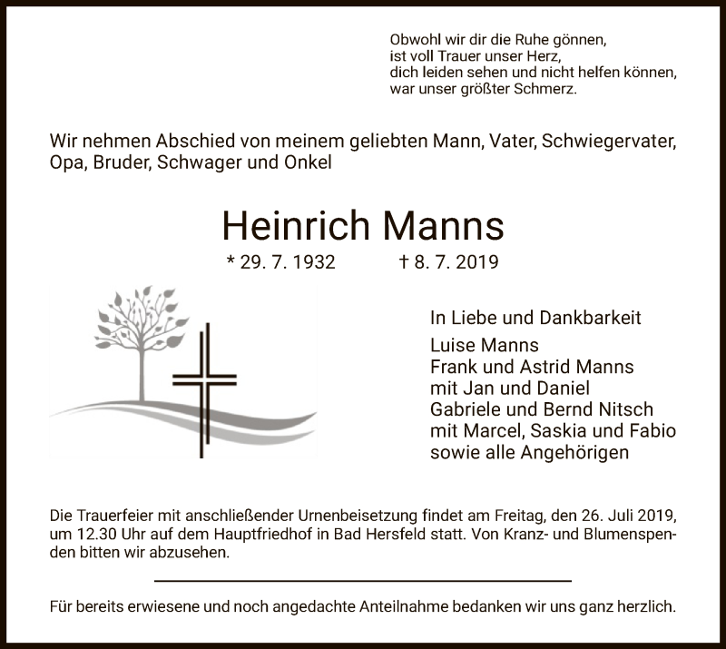  Traueranzeige für Heinrich Manns vom 24.07.2019 aus Hersfeld