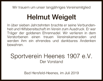 Traueranzeige von Helmut Weigelt von Hersfeld