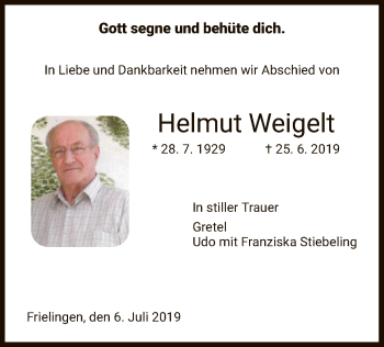 Traueranzeige von Helmut Weigelt von Hersfeld