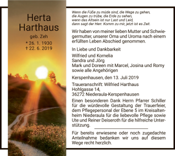 Traueranzeige von Herta Harthaus von Hersfeld