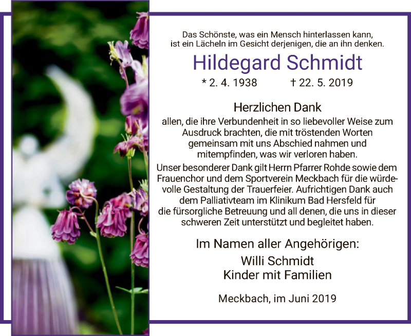  Traueranzeige für Hildegard Schmidt vom 29.06.2019 aus Hersfeld