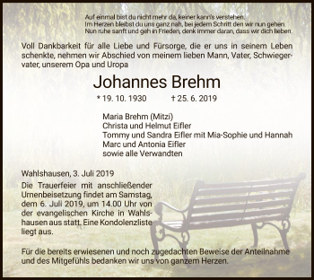 Traueranzeige von Johannes Brehm von Hersfeld