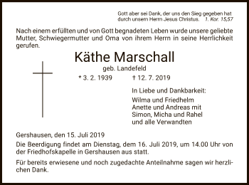 Traueranzeige von Käthe Marschall von Hersfeld