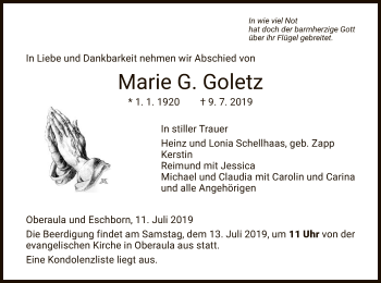 Traueranzeige von Marie G. Goletz von Hersfeld