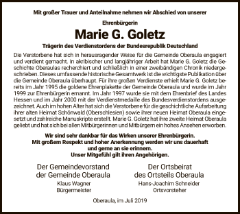 Traueranzeige von Marie G. Goletz von Hersfeld