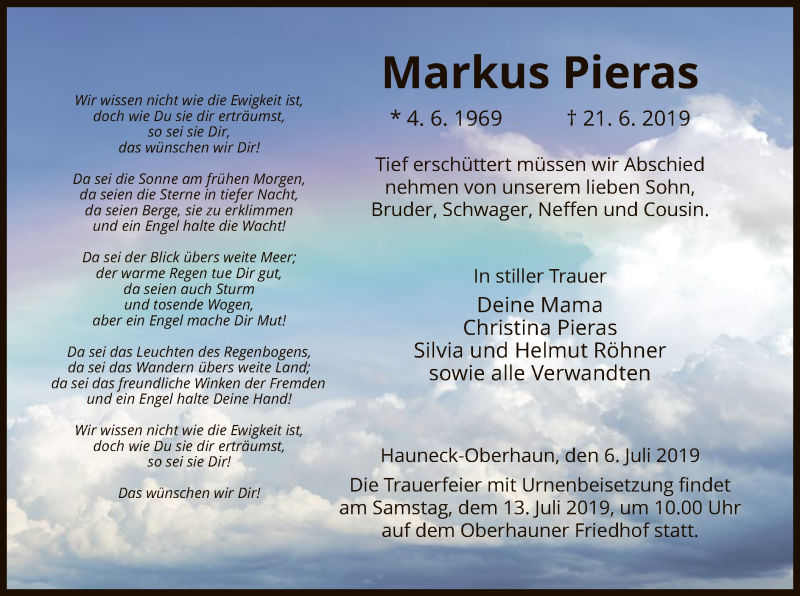  Traueranzeige für Markus Pieras vom 06.07.2019 aus Hersfeld