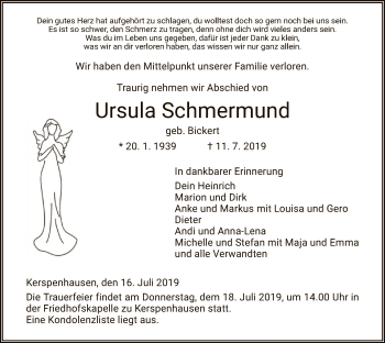 Traueranzeige von Ursula Schmermund von Hersfeld