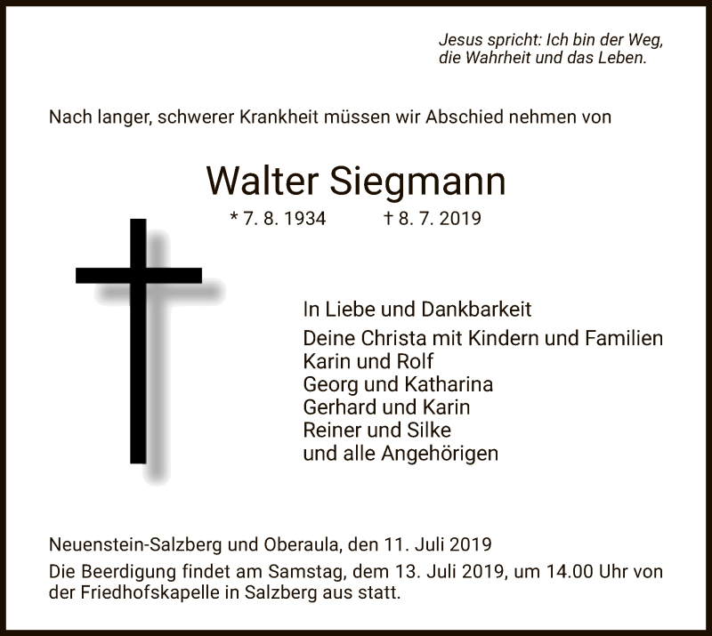  Traueranzeige für Walter Siegmann vom 11.07.2019 aus Hersfeld