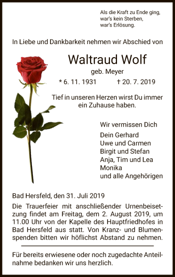 Traueranzeige von Waltraud Wolf von Hersfeld