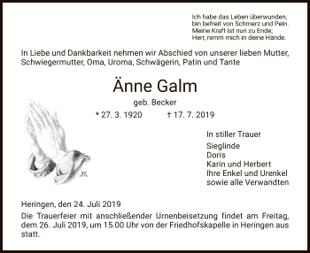 Traueranzeige von Änne Galm von Hersfeld