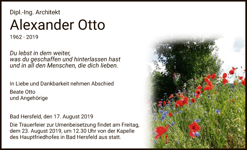  Traueranzeige für Alexander Otto vom 17.08.2019 aus Hersfeld