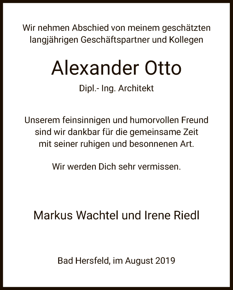  Traueranzeige für Alexander Otto vom 17.08.2019 aus Hersfeld