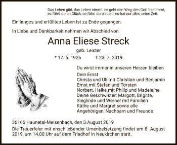 Traueranzeige von Anna Eliese Streck von Hersfeld