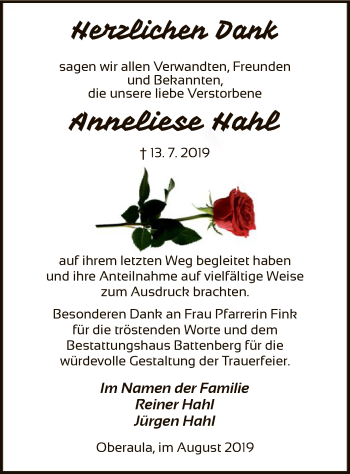 Traueranzeige von Anneliese Hahl von Hersfeld